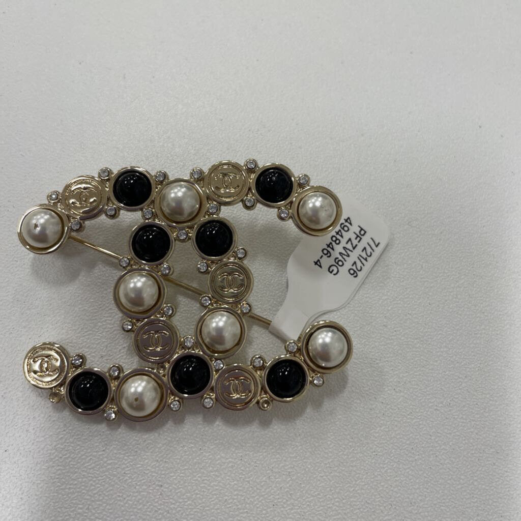Chanel Faux Pearl Black Resin Bead Crystal Brooch