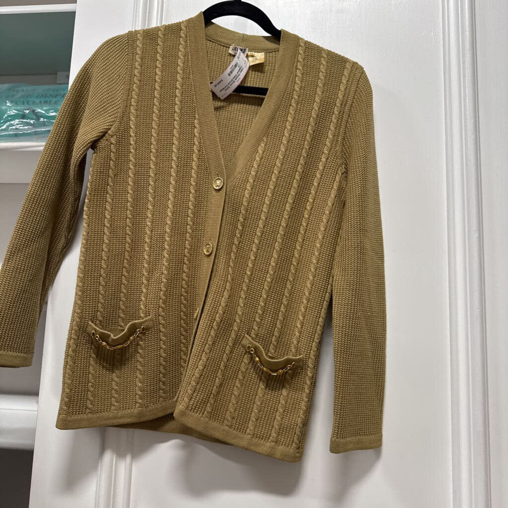 Vintage Green Wool Cableknit Chain-Detail Cardigan