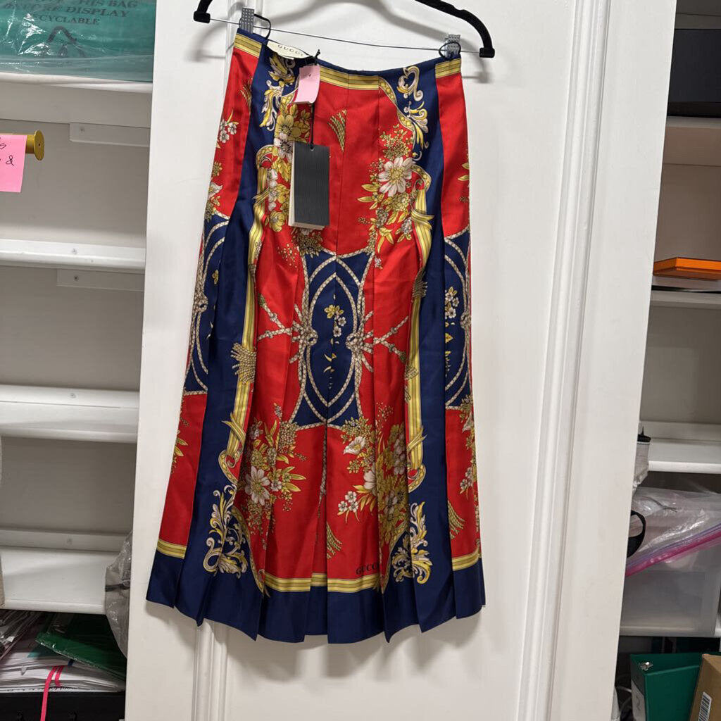 Red/Blue Scarf-Print Silk Pleated Midi Skirt
