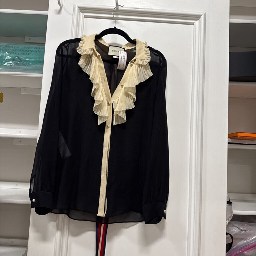 Black Silk Ruffle-Front Shirt