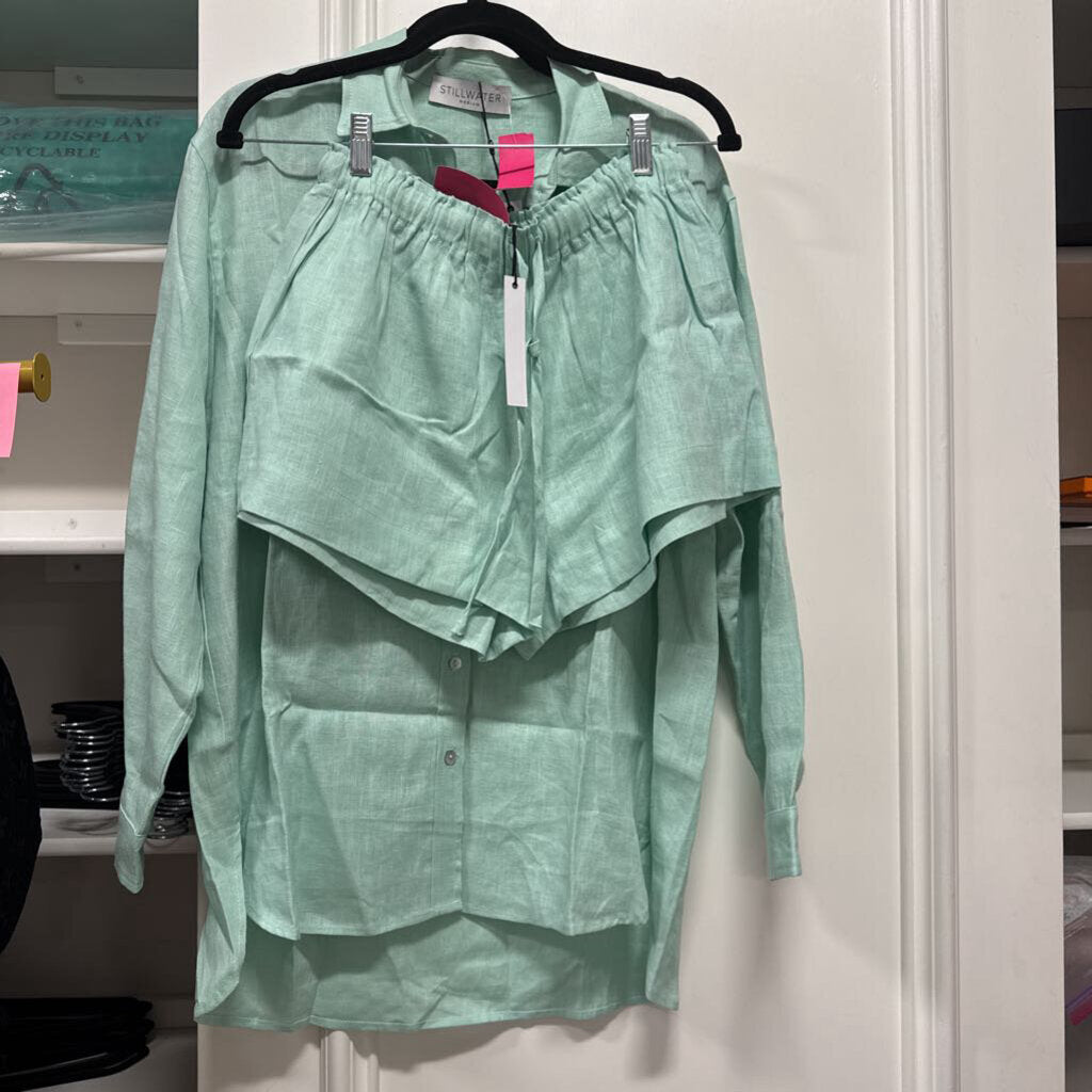 Teal Linen Button Up Top + Short SET (NWT)