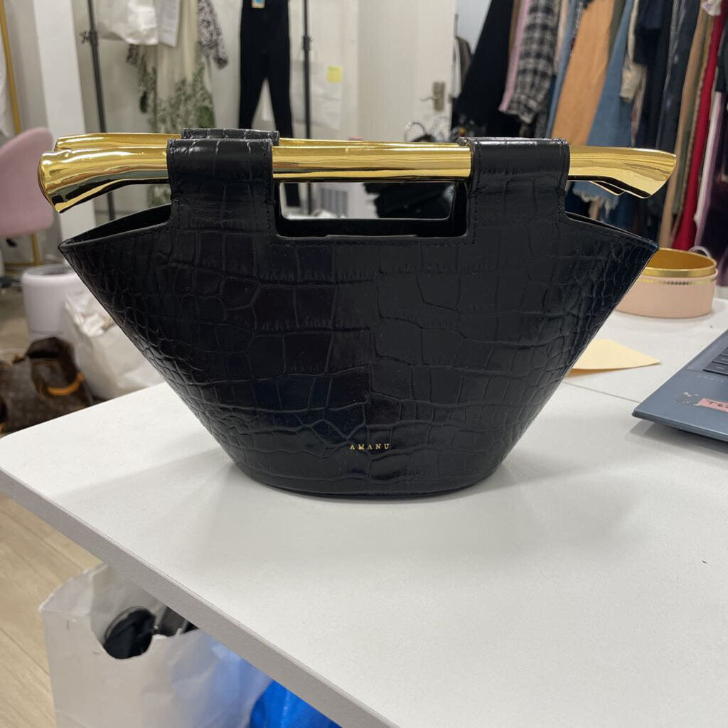 Black Mini Croc Effect Tote Gold Handle(895)