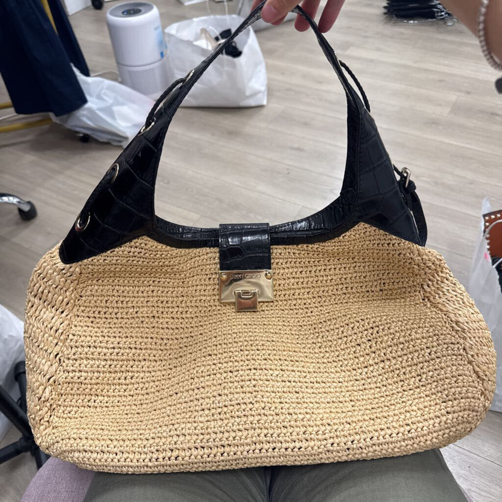 Black Croc Trim Raffia Shoulder Bag