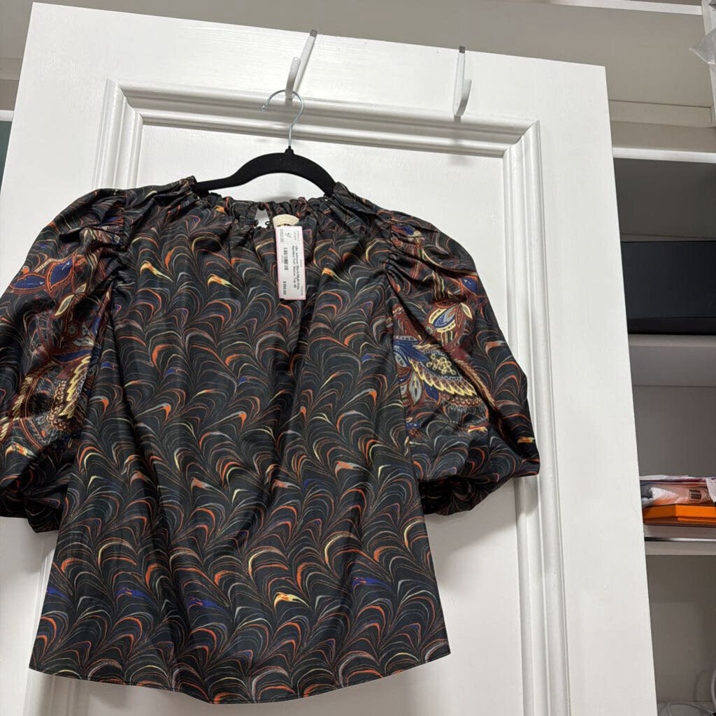 Black/Multi Poly Marbled Puff Sleeve Top