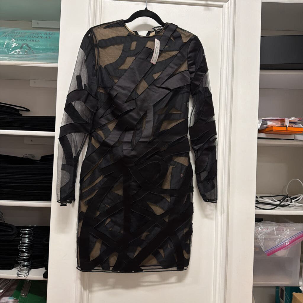 Black Poly/Silk Lined Sheer Cutout Dress