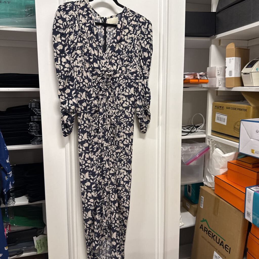 Blue/Cream Silk Ruched Dress