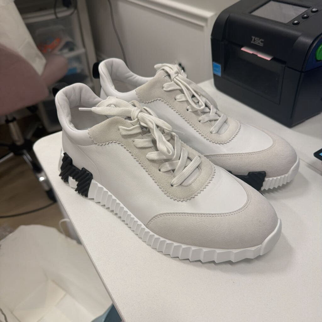 Hermes White Leather Sneakers with Black Accent