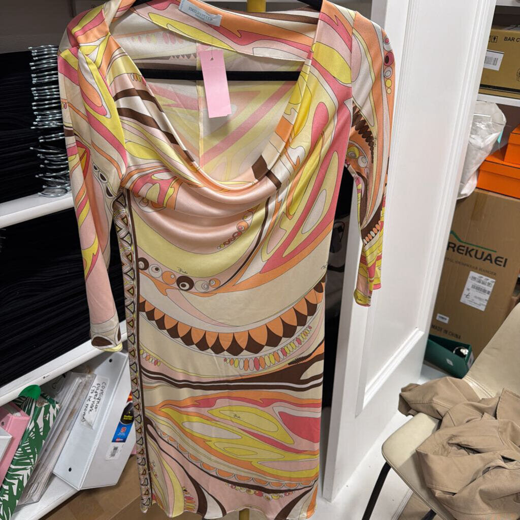 Pink/Yellow White Swirl Silk 3/4 Sleeve Dress