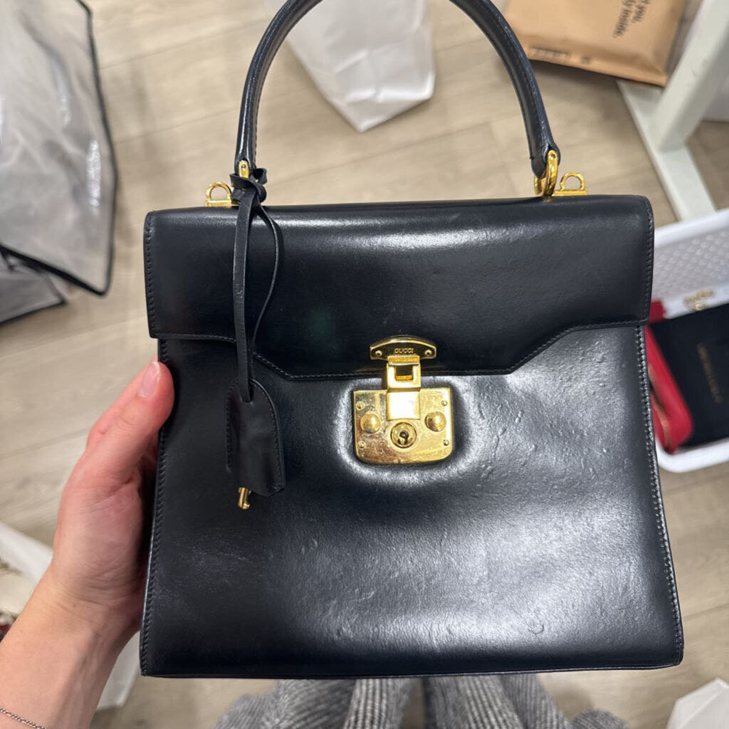 Black Leather Lady Lock Top Handle (as is - corners+exterior)