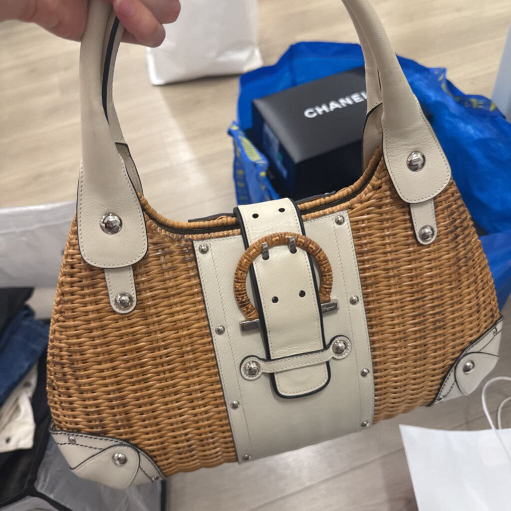 Cream Wicker Buckle Top Handle Bag