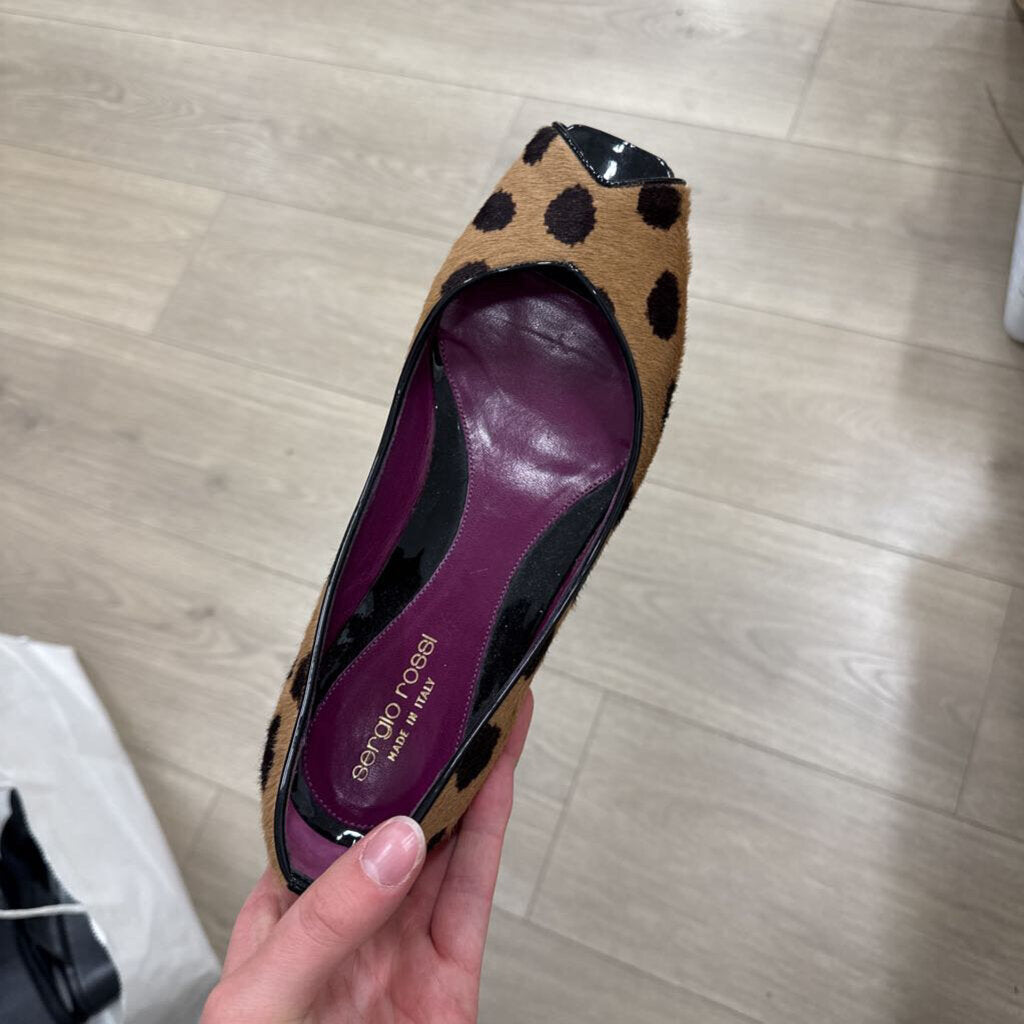 Sergio Rossi Tan & Brown Pony Hair Peep Toe Flat