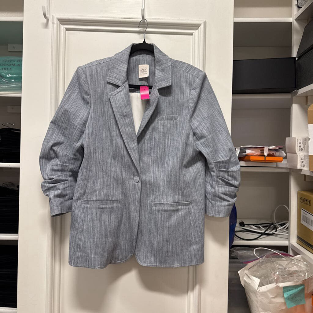Blue Cotton Ruched Sleeve Blazer