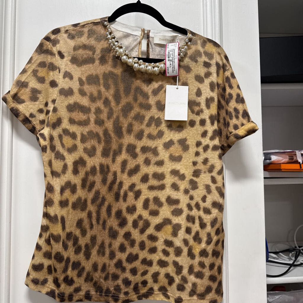 Brown Leopard Print Linen Embellished Neckline Tee (NWT 410)