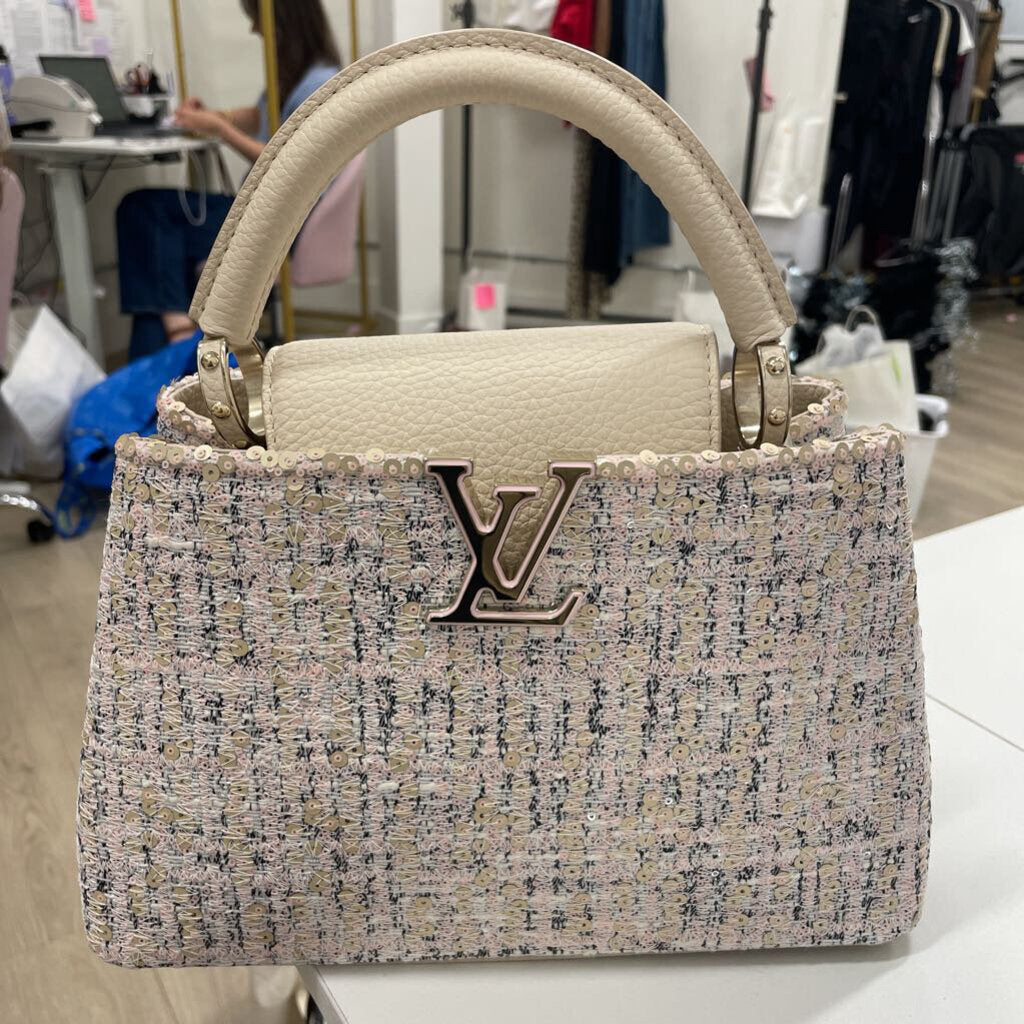 Pink Tweed Sequin Capucines BB Handbag