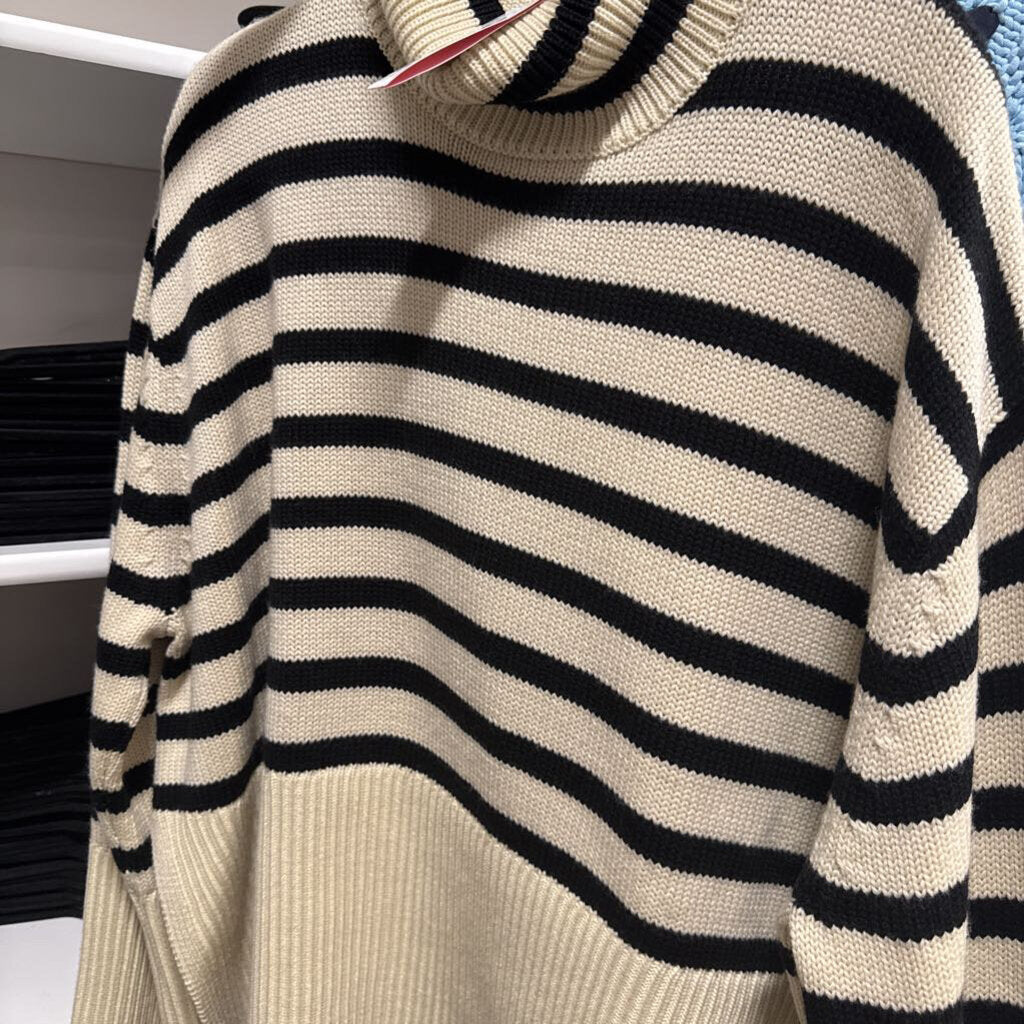 Cream/Black Stripe Wool Blend Turtleneck Sweater