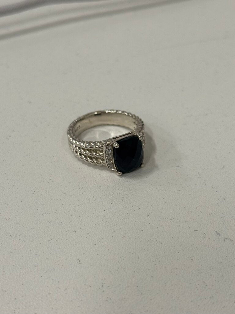 Sterling Silver Petite Wheaton Black Onyx + Pave Diamond Ring (495)