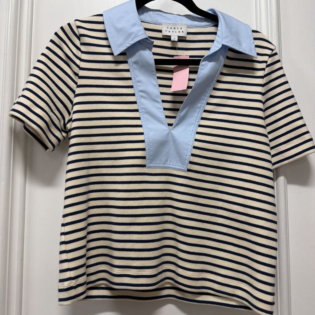 Cream/Blue Cotton Striped Collared Tee