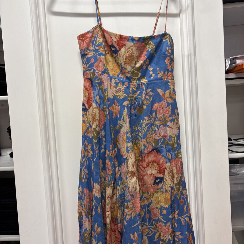 Blue/Pink Floral Linen Maxi Dress
