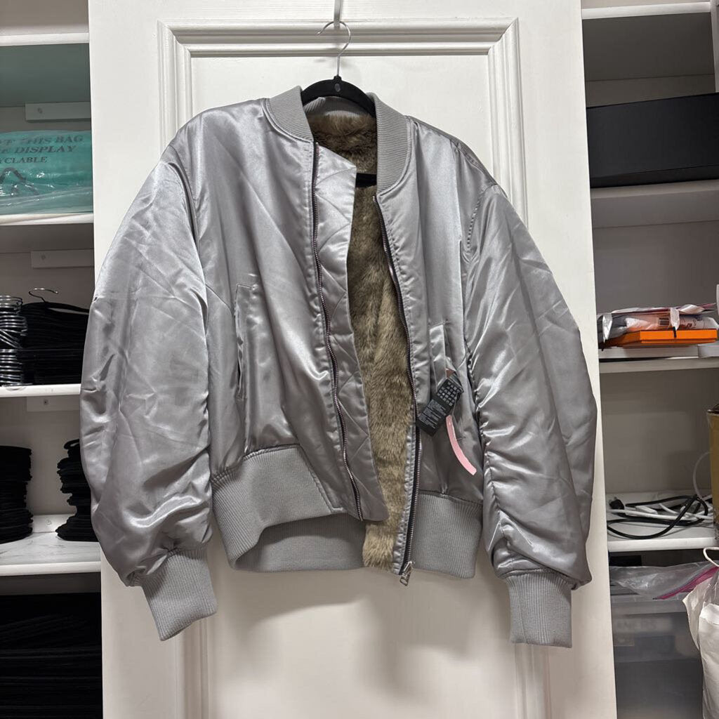 Grey Satin Bomber Jacket