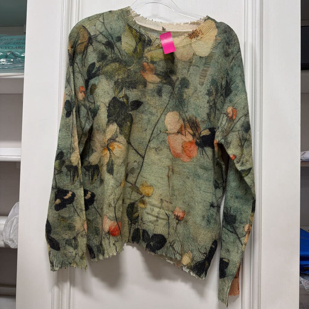 Green Printed Cashmere Distressed Sweater