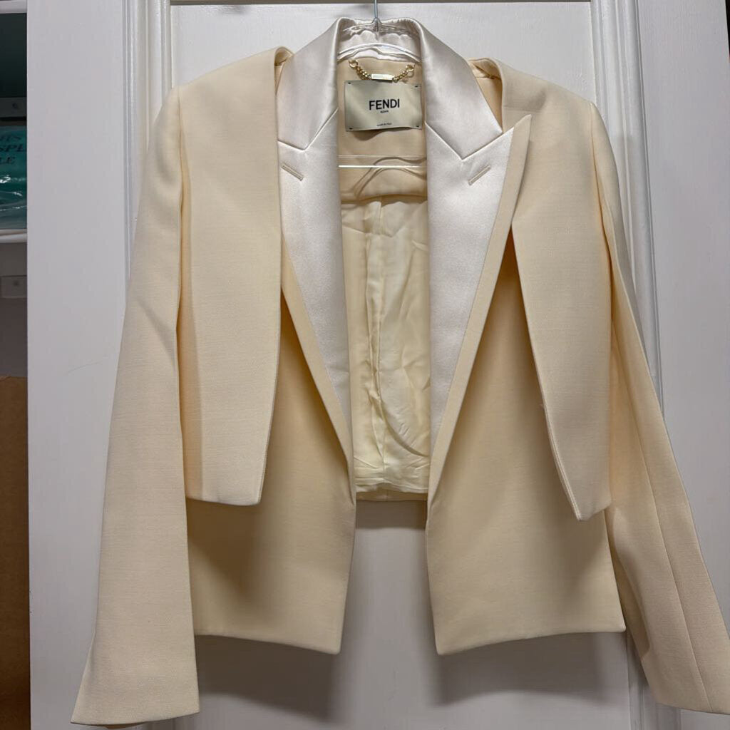 Cream Cropped Satin Lapel Blazer