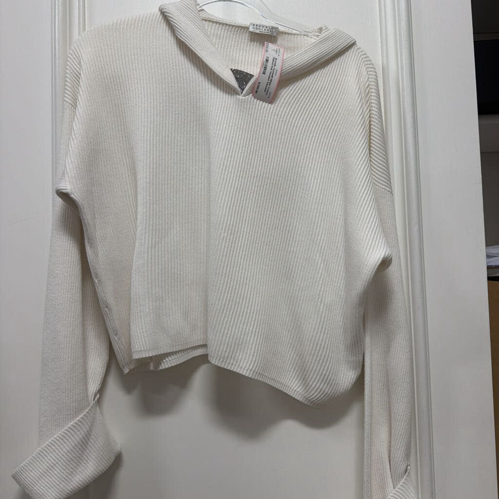 White Cotton Ribbed Knit Hooded Sweater