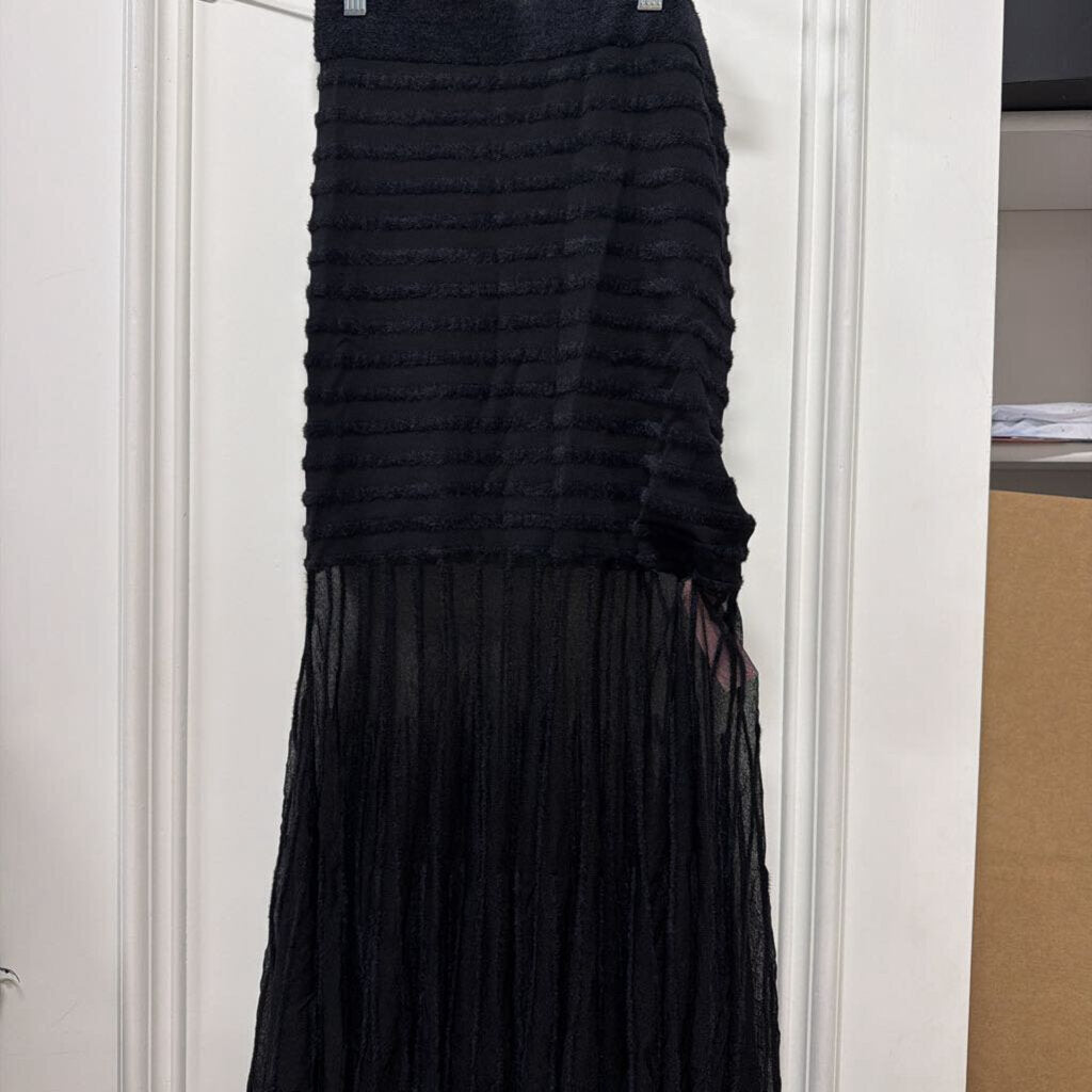 Black Polyamide/Ramie Blend Stripe Midi Skirt
