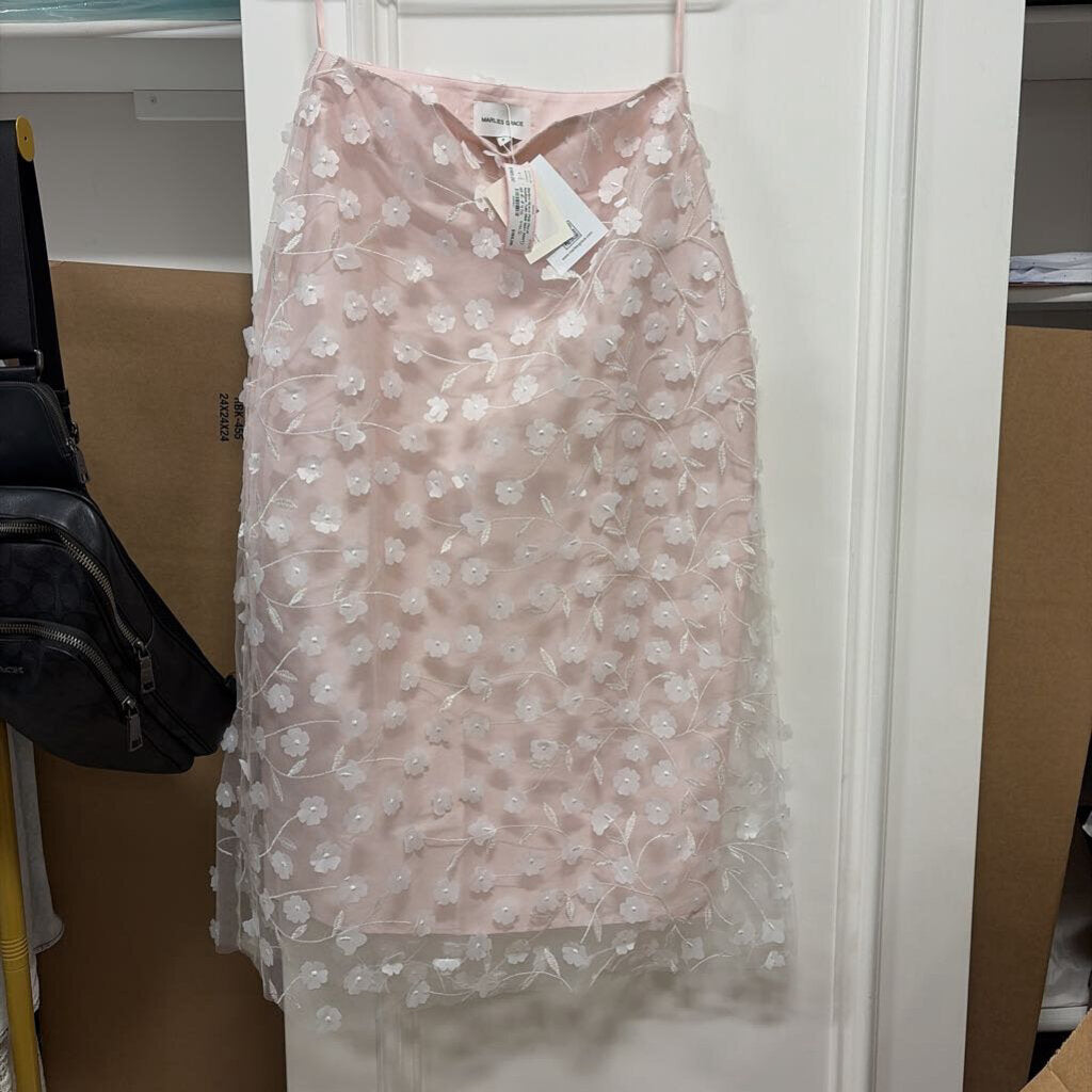 Pink Floral Applique Tulle Midi Skirt (NWT est.R. 475)