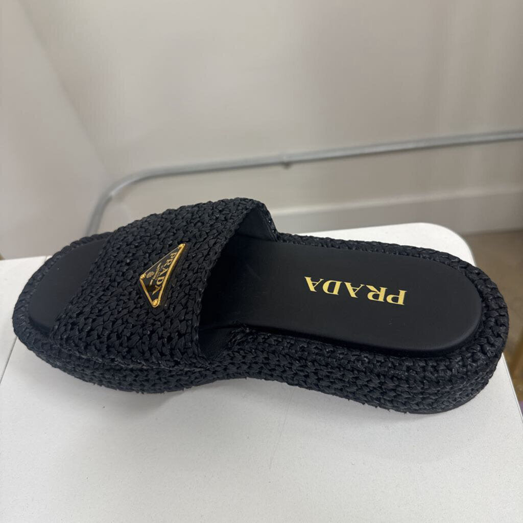 Black Raffia Platform Slides