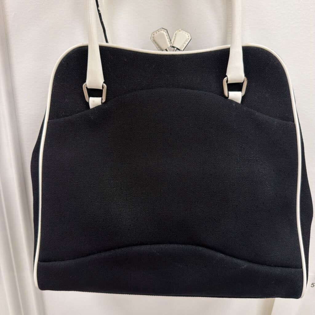 Black Canvas White Leather Handle Bag (as is minor discolor)