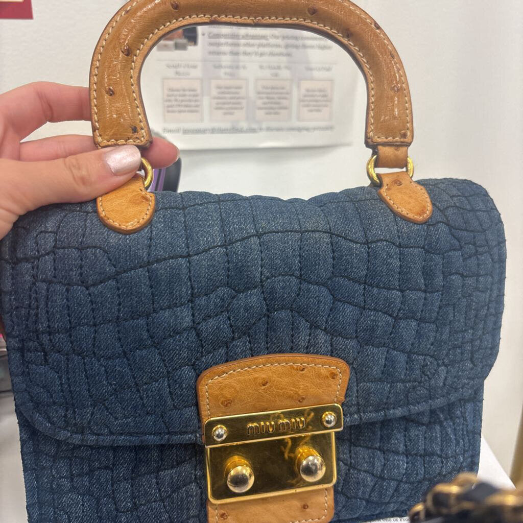 Blue Denim Ostrich Trim Bag