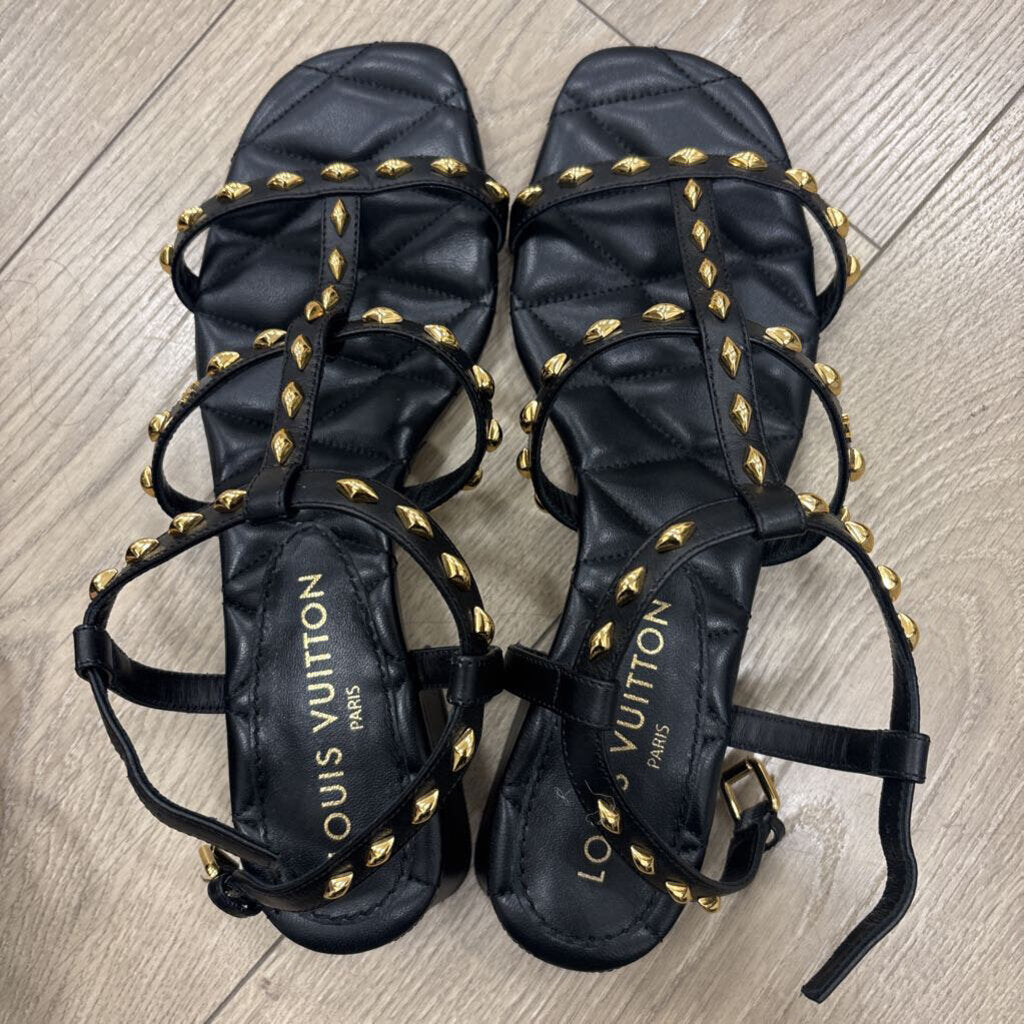 Black Leather Gold Stud Sandal