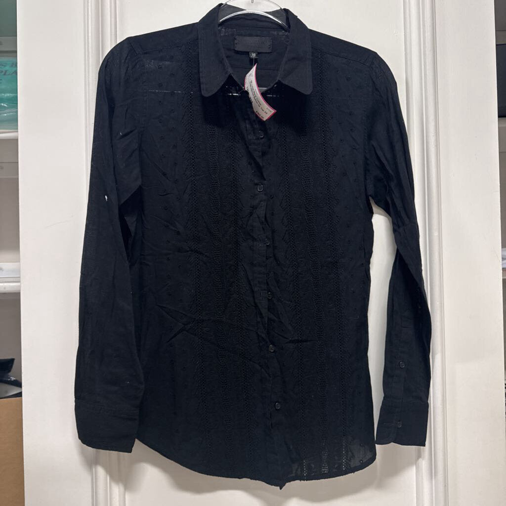Black Cotton Embroidered Button Up Top