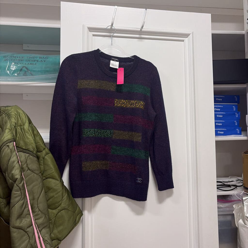 2012 Navy Wool Blend Crystal-Embellish Striped Sweater