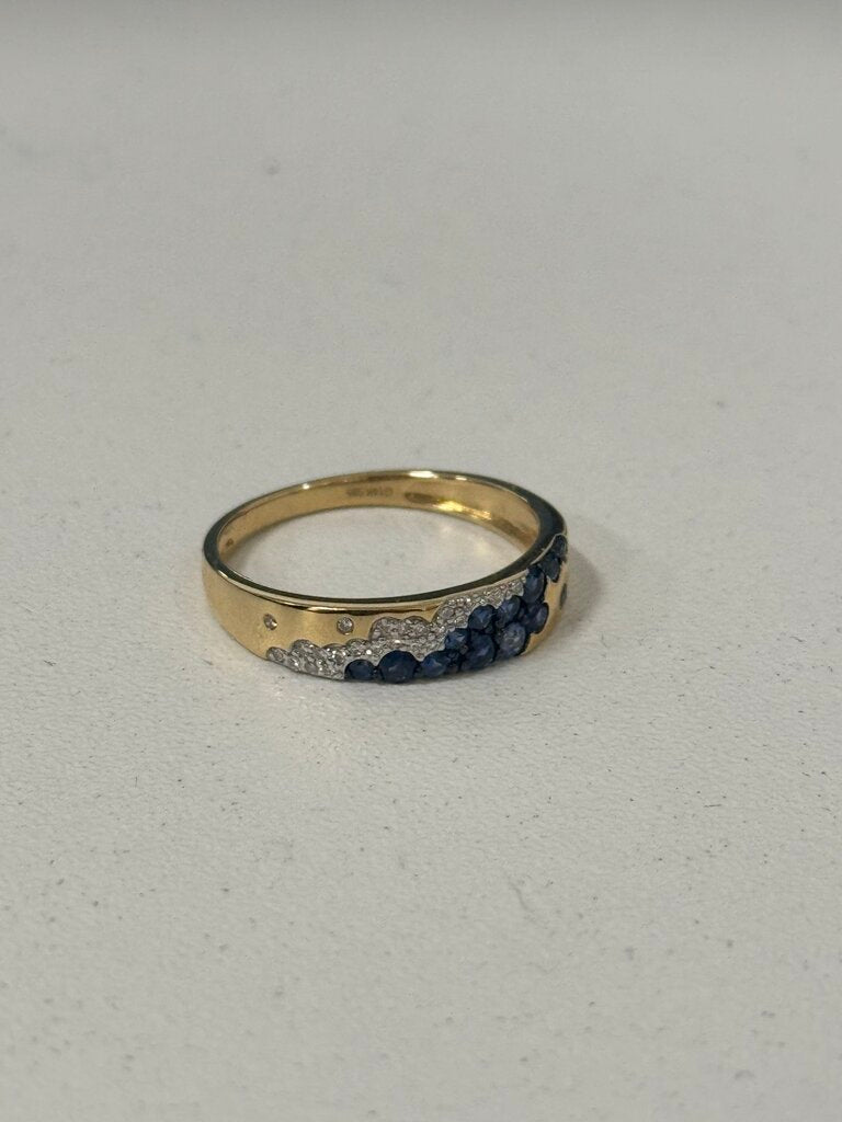 14k Yellow Gold Flush-Set Sapphire + Diamond Pave Ring