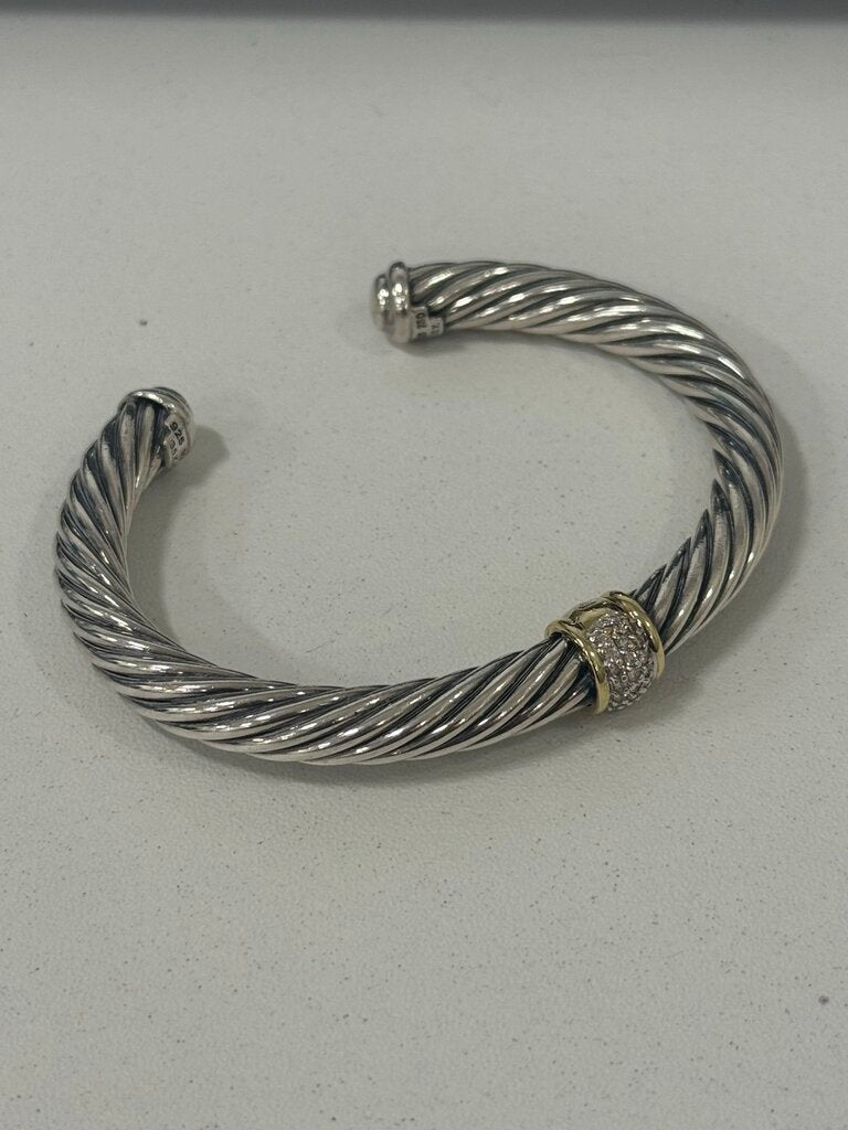 Sterling Silver + 18k Yellow Gold Cable Classic Diamond Station Cuff Bracelet (2250)