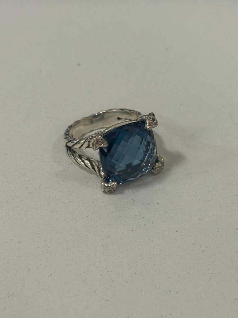 Sterling Silver Blue Topaz + Pave Diamond Chatelaine Ring (1650)