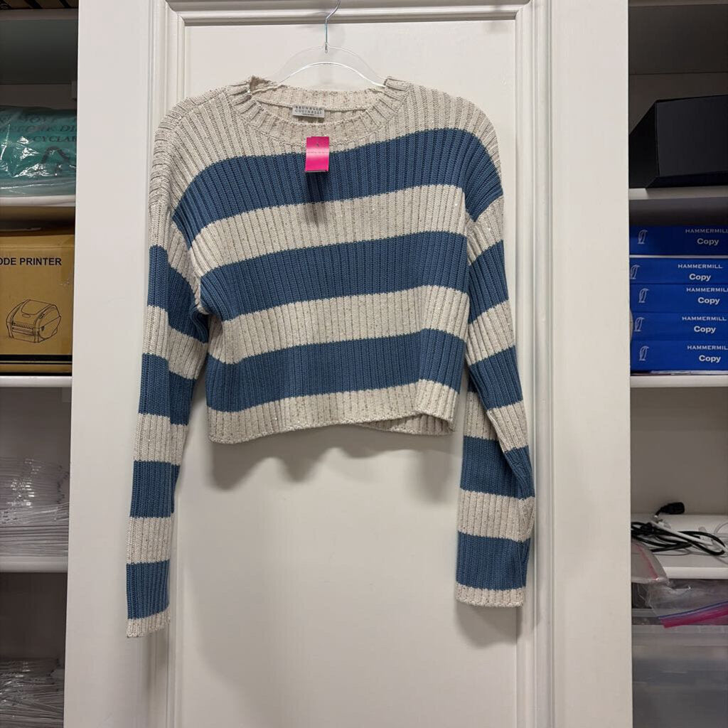 White/Blue Broad Stripe Cotton Sequin Sweater