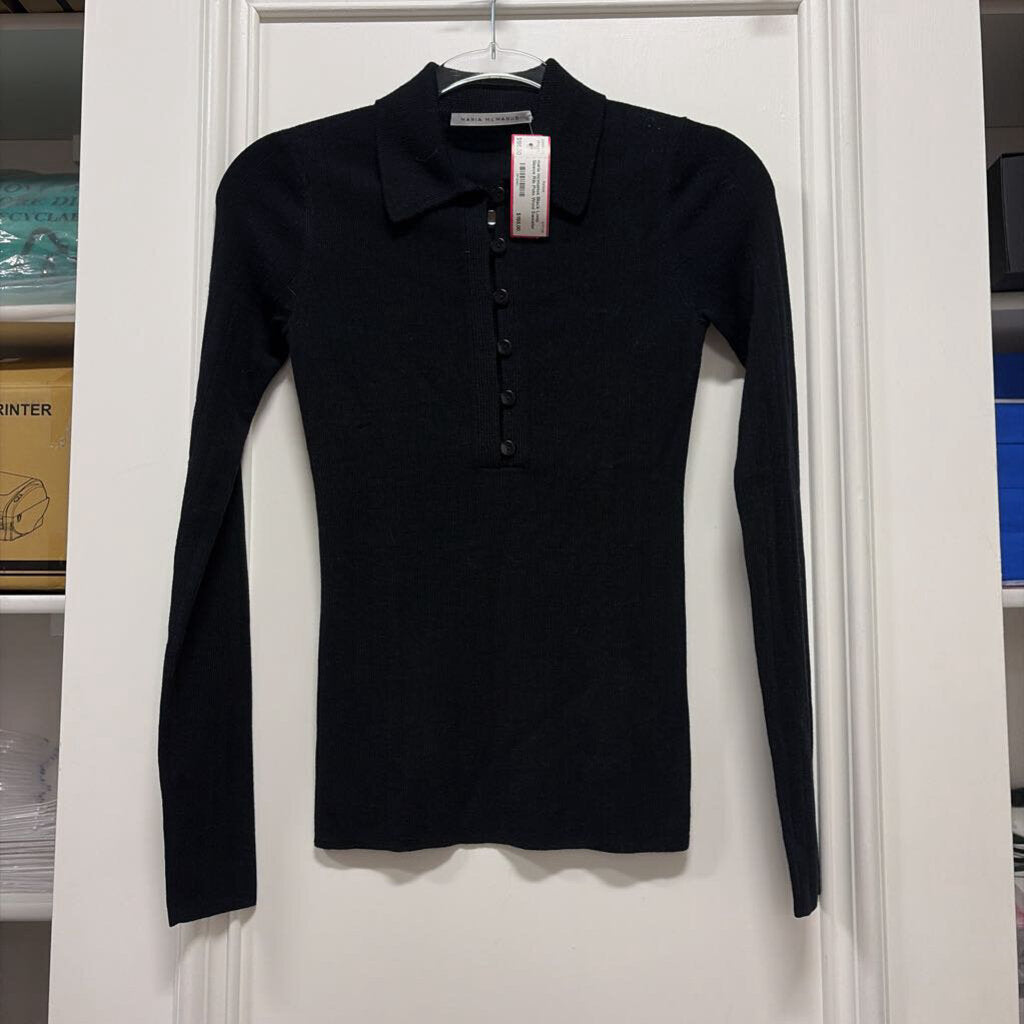 Black Long Sleeve Rib Polo Wool Sweater
