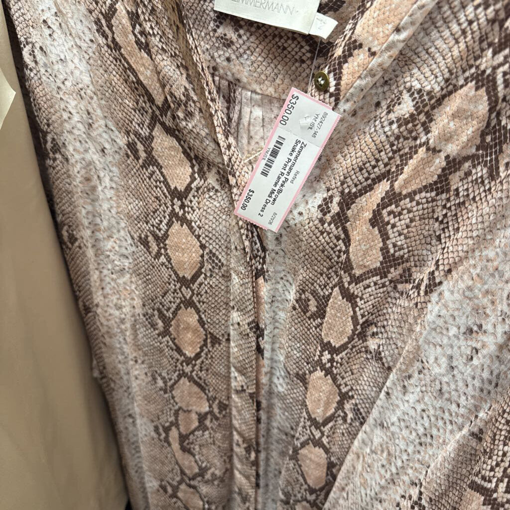Pink/Brown Snake Print Ramie Midi Dress