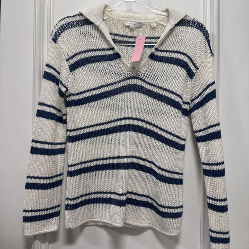 Navy/White Stripe Cotton V Neck Sweeater
