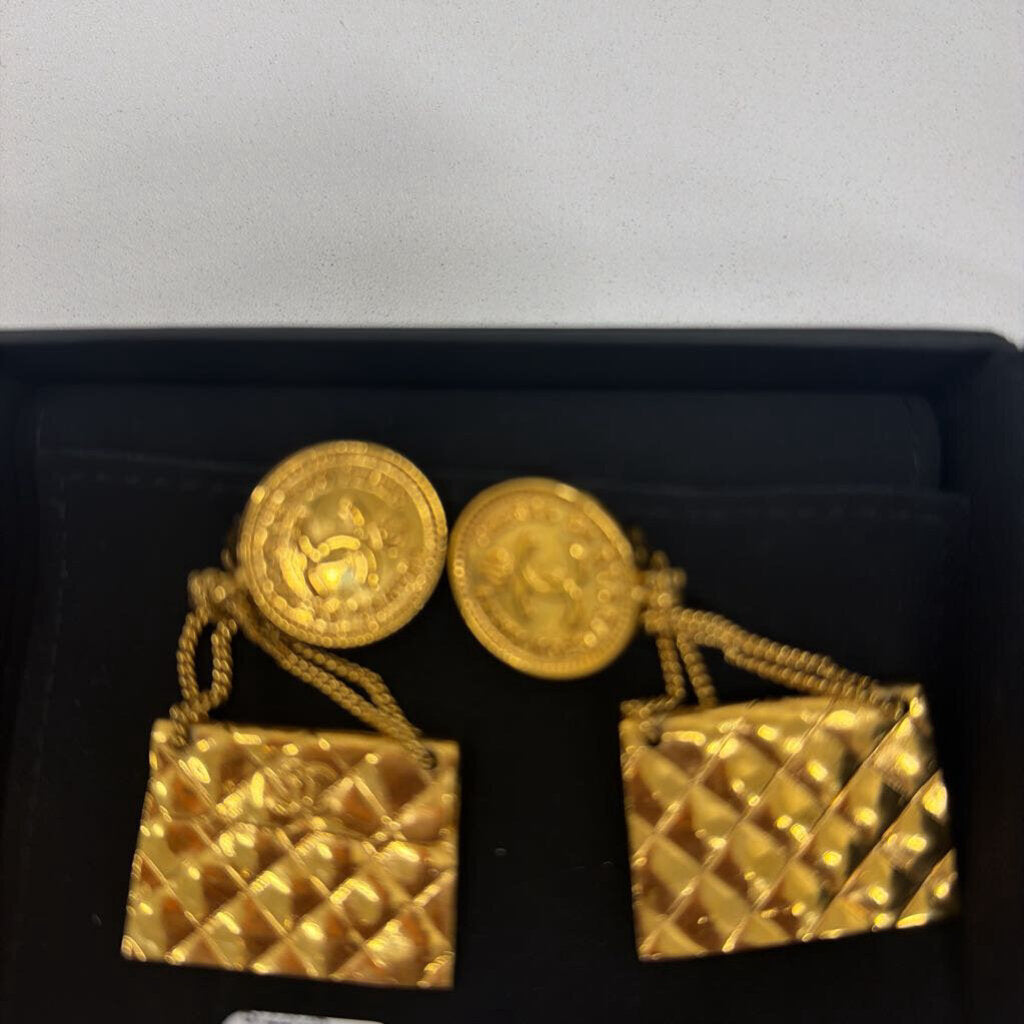 Gold Quilted Flap Bag Dangle Earrings w/ box