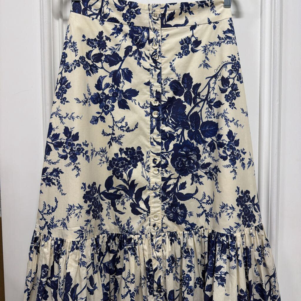 Navy/Cream Floral Cotton Midi Skirt