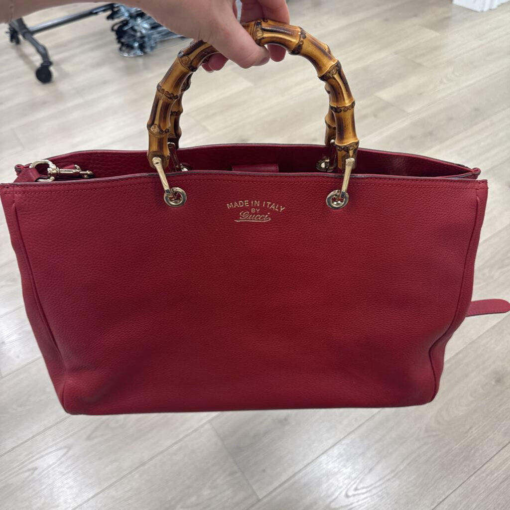 Red Leather Bamboo Handle Shopper