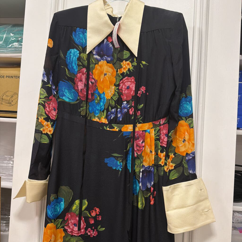 Black/Muli Floral Silk Midi Dress