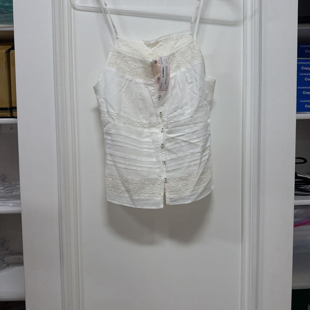 White Camisole Lace Trim Pleating Cotton Ajustable Straps(NWT234)