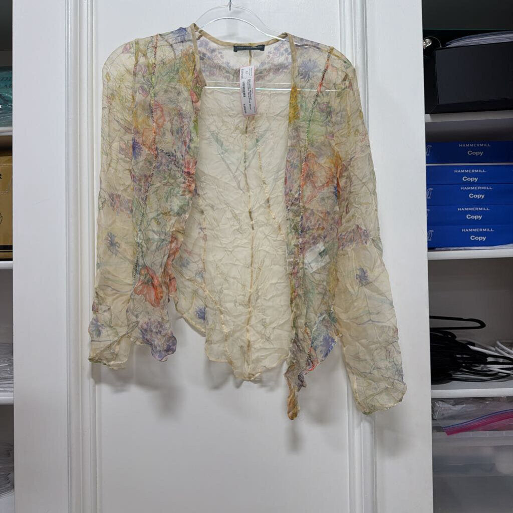 Watercolor Floral Print Sheer Button Down Silk Top