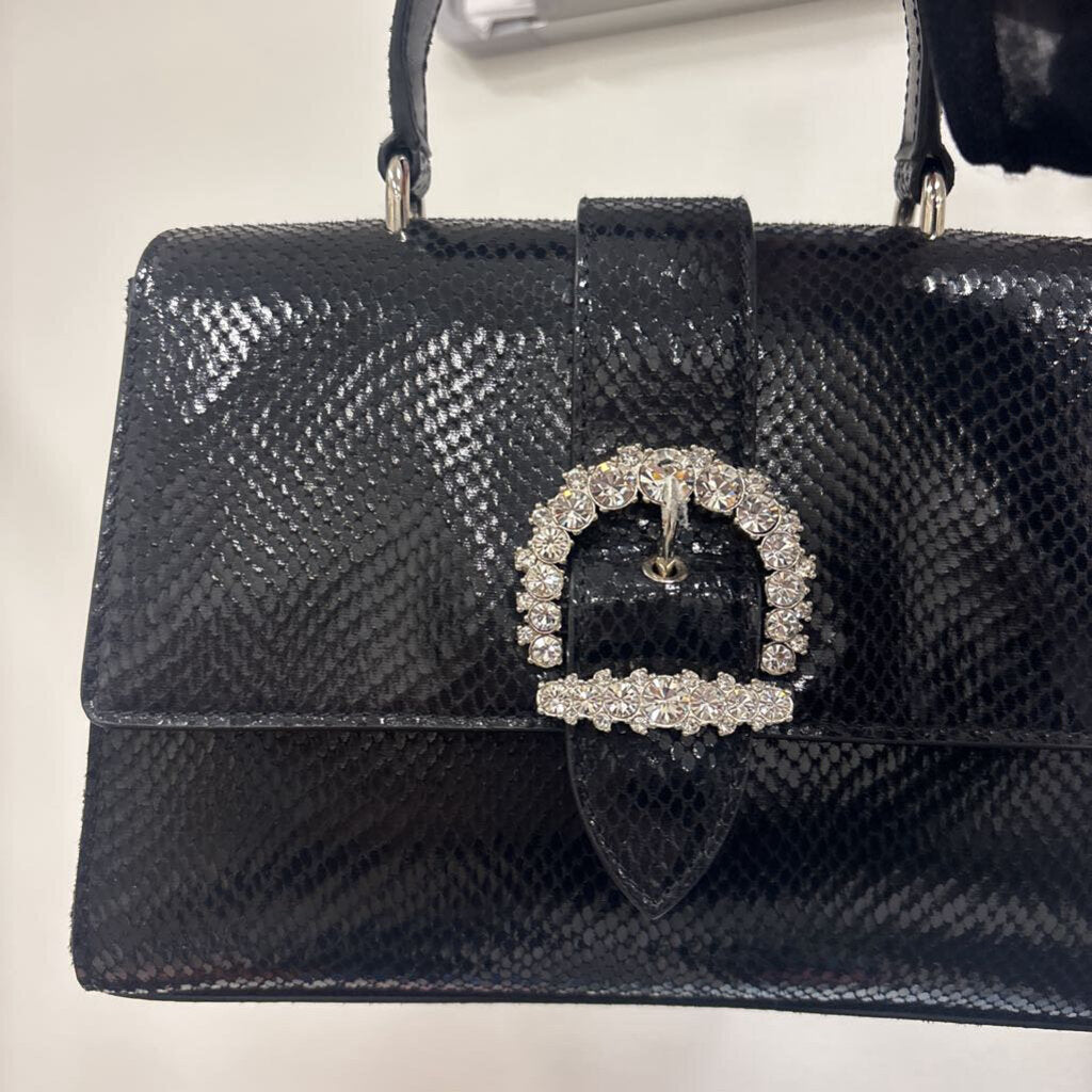 Black Snake Skin Embellished Top Handle Bag (1650)