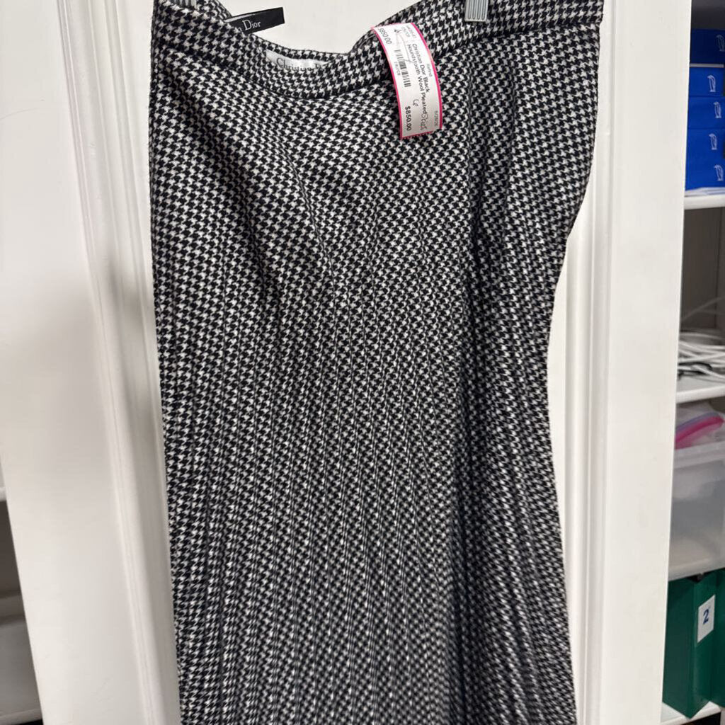 Black Houndstooth Wool Pleated Skirt, 6