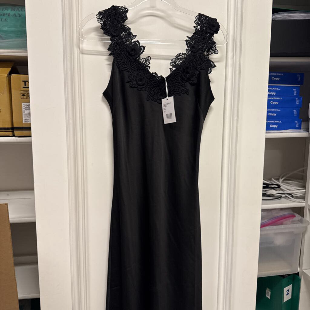 Black Satin Lace-Strap Maxi Dress (NWT)